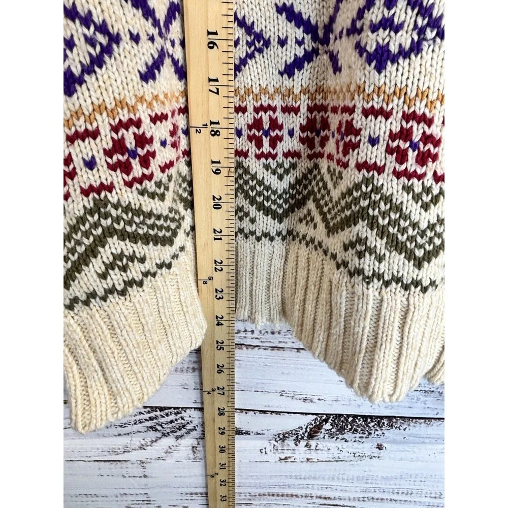 Vintage 90s Fair Isle Cotton/Wool Sweater Cream Multicolor Deep V-Neck Apres Ski